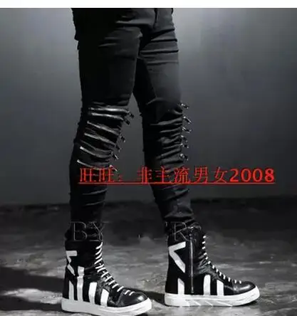 2016 New men's Tight trousers fashion personality trend of the zipper elastic knee plus hiphop jeans Singer costumes