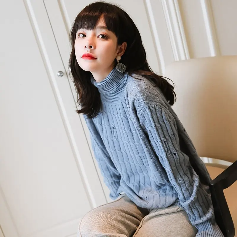 Для женщин повторяющийся кабель вязать Pattren рваные Ribbed Turtleneck толстый свитер
