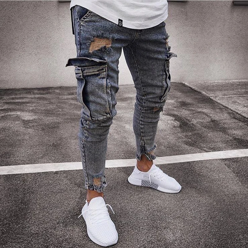Для Мужчин's разорвал Тощий Проблемные Уничтожено Slim Fit боковые карманы молнии