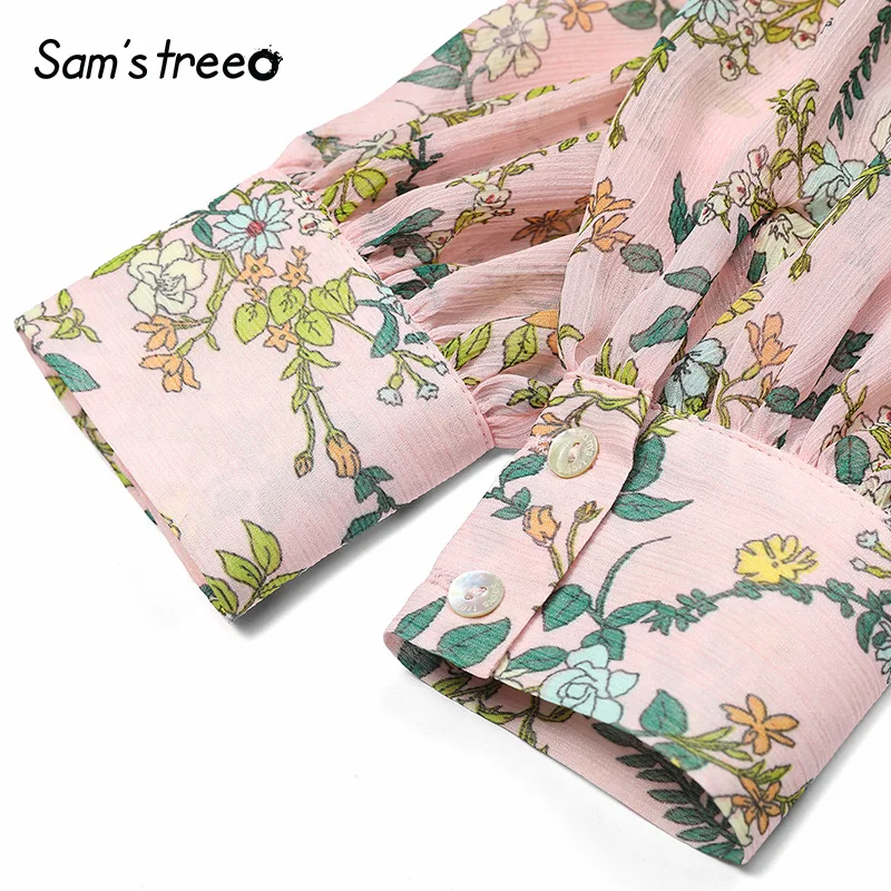 Sam's Tree Летняя женская цветочная блузка, шифоновая рубашка с бантом, женские офисные блузки OL с длинным рукавом, весенние топы
