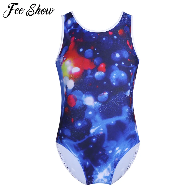 Children gymnastics leotard Dress O-Neck Cutout Back Galaxy holographic printing gymnastic performance Jumpsuit | Детская одежда и
