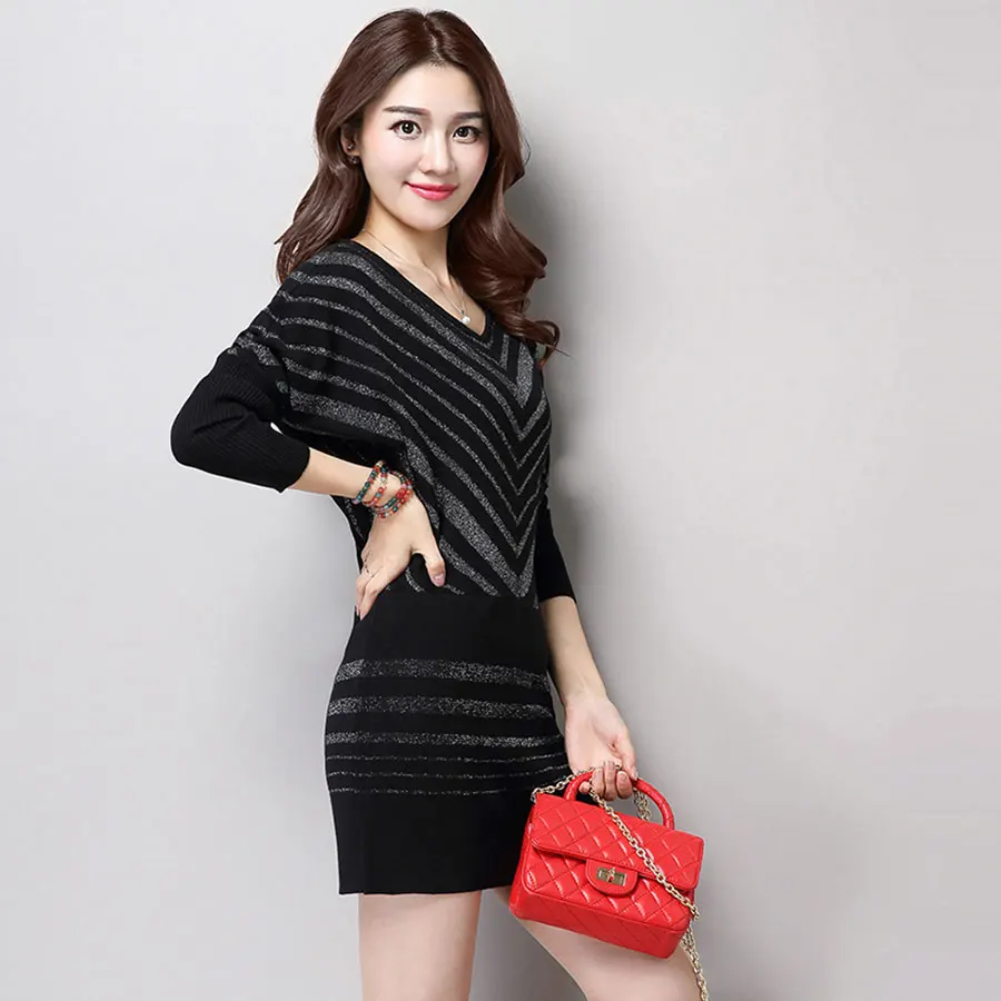 Women Christmas Sweaters and Pullovers Deep V Neck Long Sleeve Knitted Sweater Dress Casual Stripe Winter Jumper Pull Femme | Женская
