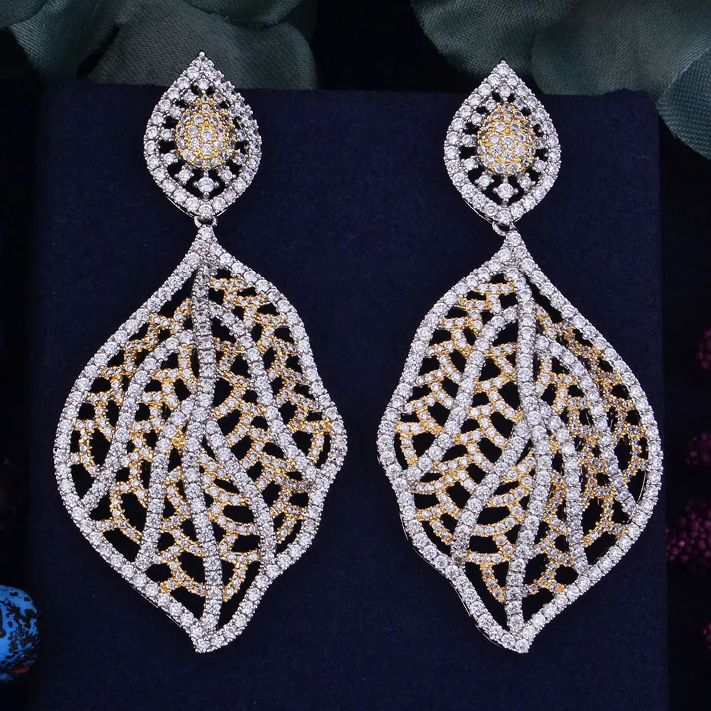 Женские серьги GODK 68 мм роскошные с пустотелым листом и фианитом|earrings fashion|women fashion