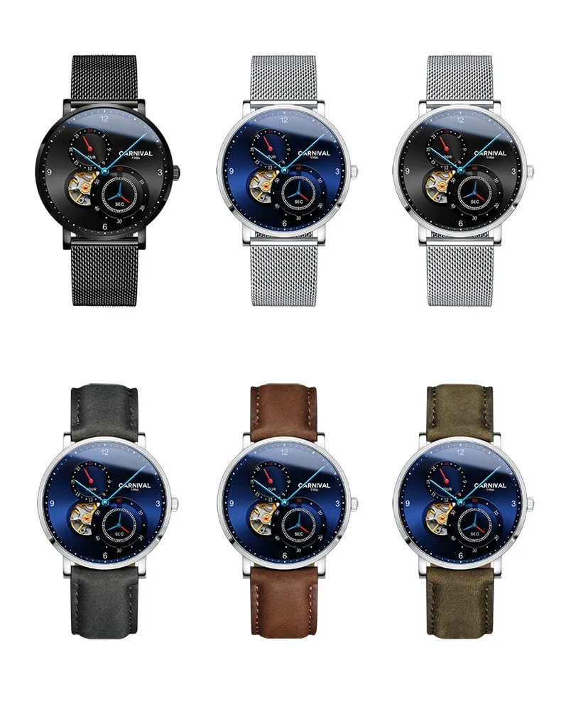 Модные Tourbillon механические часы карнавал ультра тонкие автоматические часы для мужчин сапфир 24 часа кожаный ремешок водонепроницаемые часы