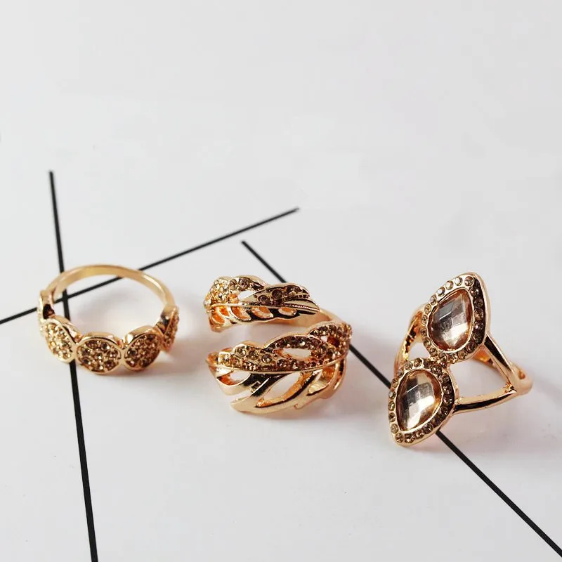 3 Pack Кристалл Diamante Постучал Листьев Кольца для Женщин Золотое Кольцо Набор|ring