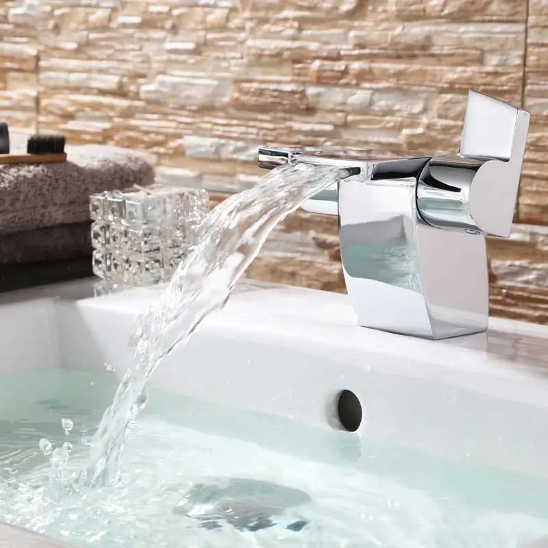 

Waterfall Basin Faucet Copper Hot And Cold Water Double Handle Creative Personality Basin Wash Basin Faucet