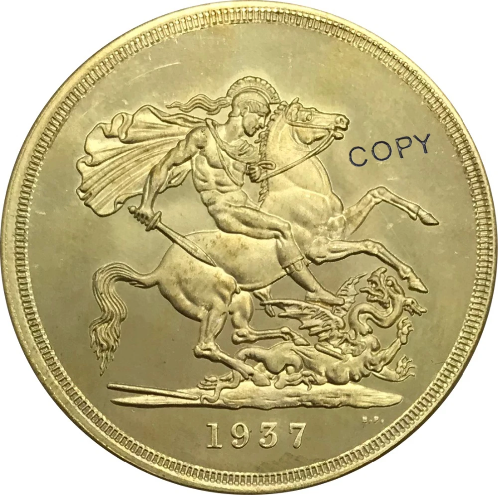 1937 Великобритания 5 фунтов Джордж VI Золотая монета латунная Коллекционная КОПИЯ