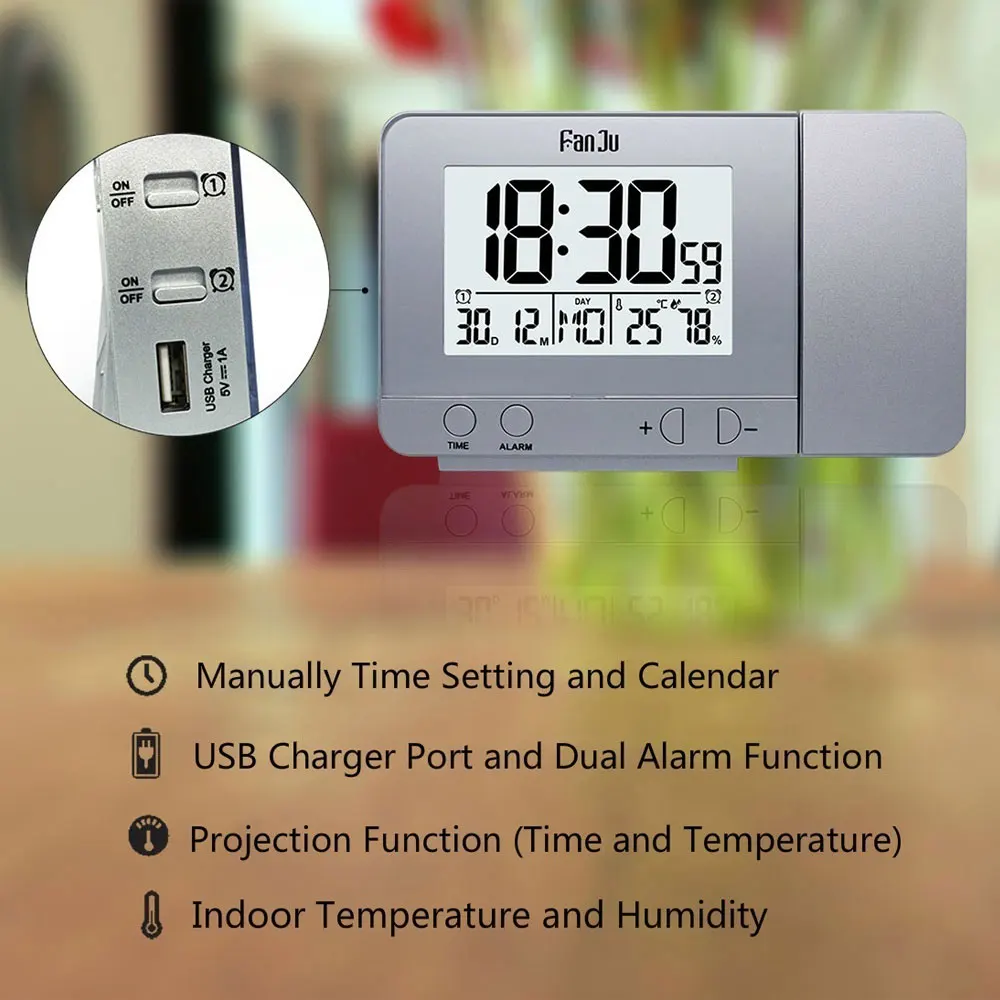 Alarm Clocks Projection Clock 3 Inch LCD Temperature and Time FanJu FJ3531 Radios Snooze Function | Дом и сад