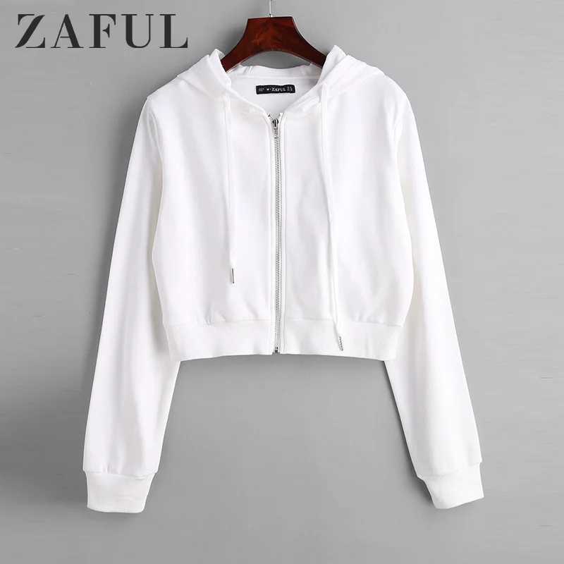 Женская укороченная Толстовка ZAFUL повседневная кофта на молнии с капюшоном и