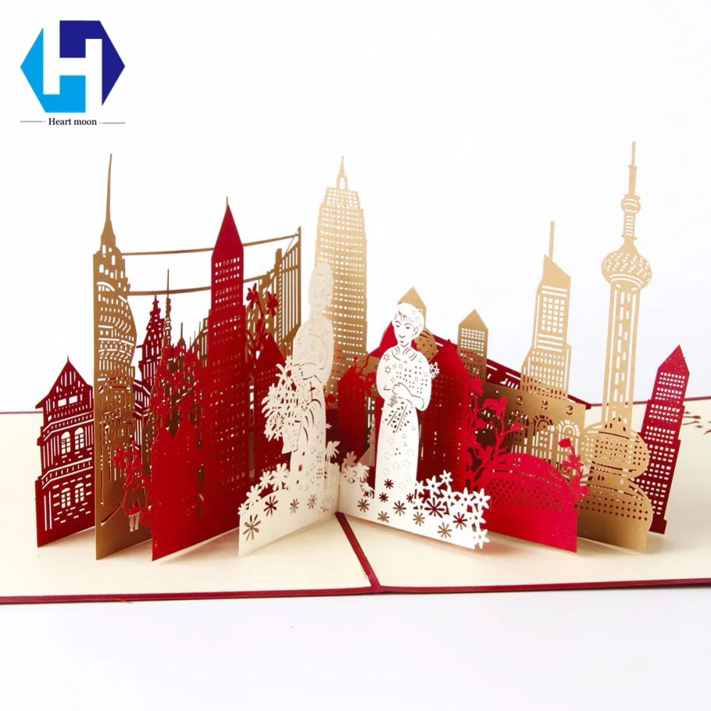 3D Шанхай всплывающие поздравительные карты с конвертом лазерная резка Китай