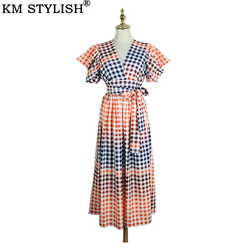 Женское повседневное клетчатое платье контрастных цветов с v образным вырезом