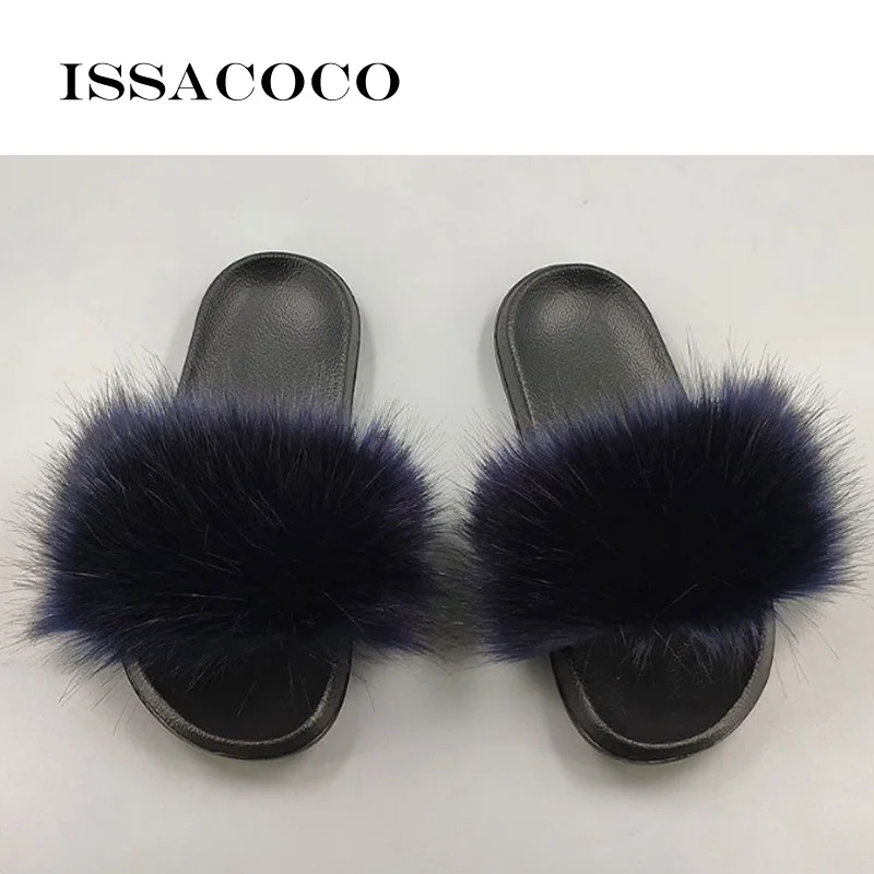 Dark blue ISSACOCO/женские шлепанцы из натурального Лисьего меха; женские нескользящие пушистые меховые тапочки; женские пушистые тапочки; милые плюшевые тапочки с лисьим мехом - Цвет: Dark blue