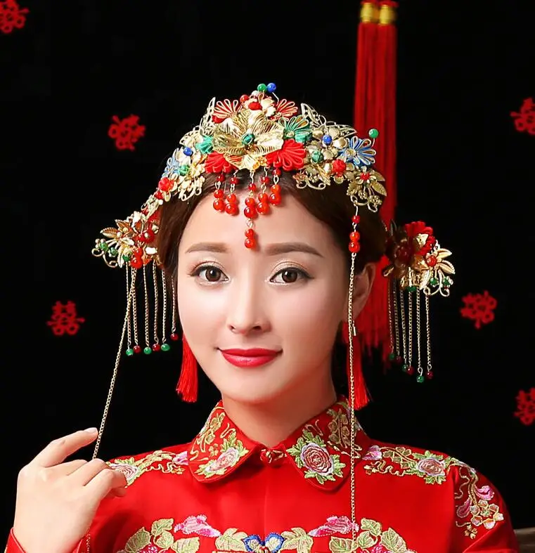 Headwear Модные современные китайские свадебные платья Qipao Китайские Восточные платья красные атласные Cheongsam для невесты длинные традиционные женские винтажные - Цвет: Headwear