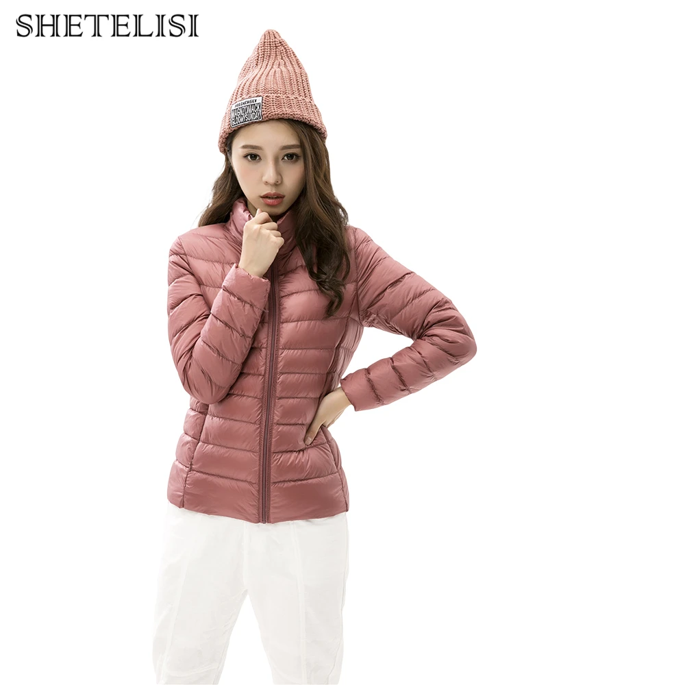 Однотонный зимний женский пуховик карманный модный 90% утиный пух ультралегкий