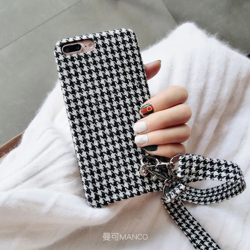 Vintage Plaid Phone Case For iPhone X XS Grid Cloth Cases for 6 6s 7 8 Plus MAX XR Fabric Plush Soft Cover with strap |