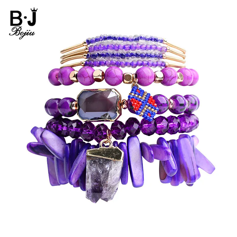 

BOJIU Fashion Jewelry Noble Purple Bracelets For Women Simple Ag. Stone Charm Bracelet Hot Bohemian Bracelets & Bangles BCSET113