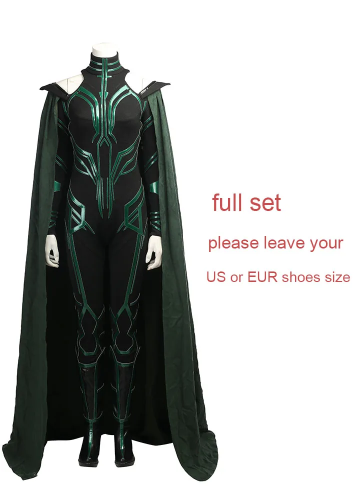 Фильм Тор Ragnarok Hela Косплей Костюм Jmpsuit плащ на заказ для Хэллоуина Вечерние - Цвет: full set with boots