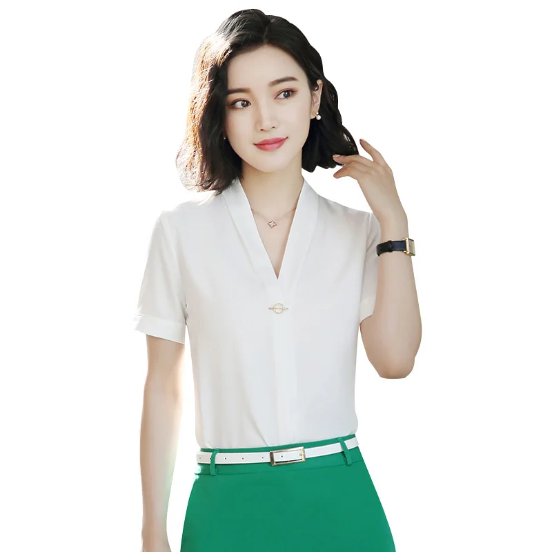 Женская шифоновая блузка с V образным вырезом белая/зеленая/Розовая однотонная