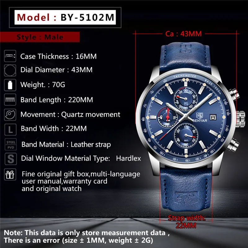 

BENYAR Men's Watches Top Brand Luxury Military Quartz Watch Chronograph Waterproof Wristwatches Male Clock Relogio Masculino+box