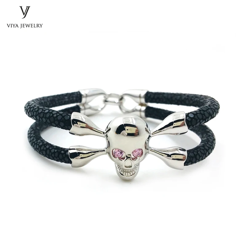 black silver Роскошный мужской модный браслет с черепом, 925 Череп из серебра застежка Ювелирная натуральная кожа черного цвета - Окраска металла: black silver