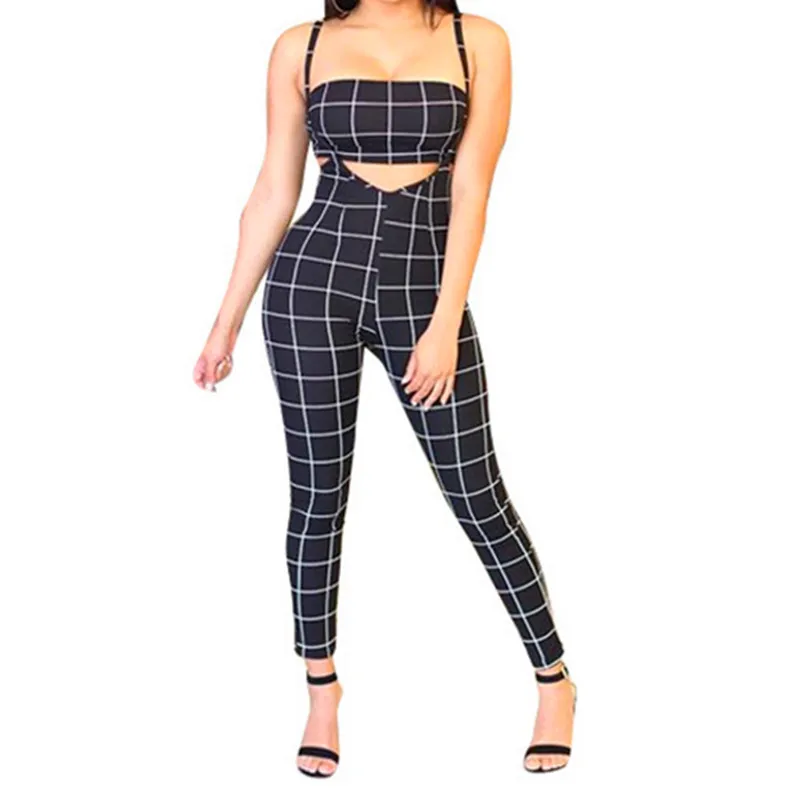 Женский открытый комбинезон без рукавов клетчатый комплект из двух предметов