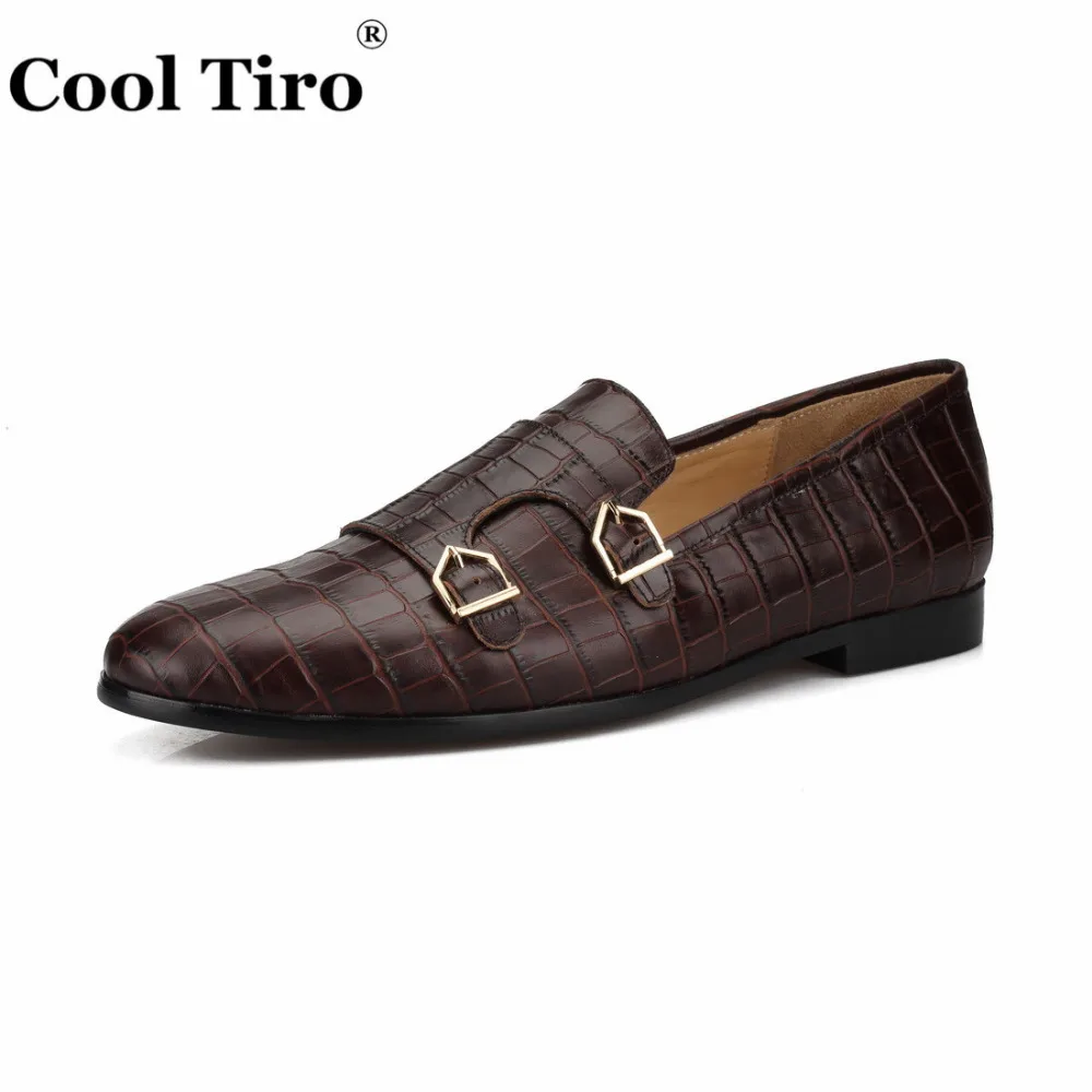 COOL TIRO Crocodile print Double-Monk Loafers Men Moccasins SmokingSlippers Wedding Dress Shoes Men's Flats Casual Leather | Обувь