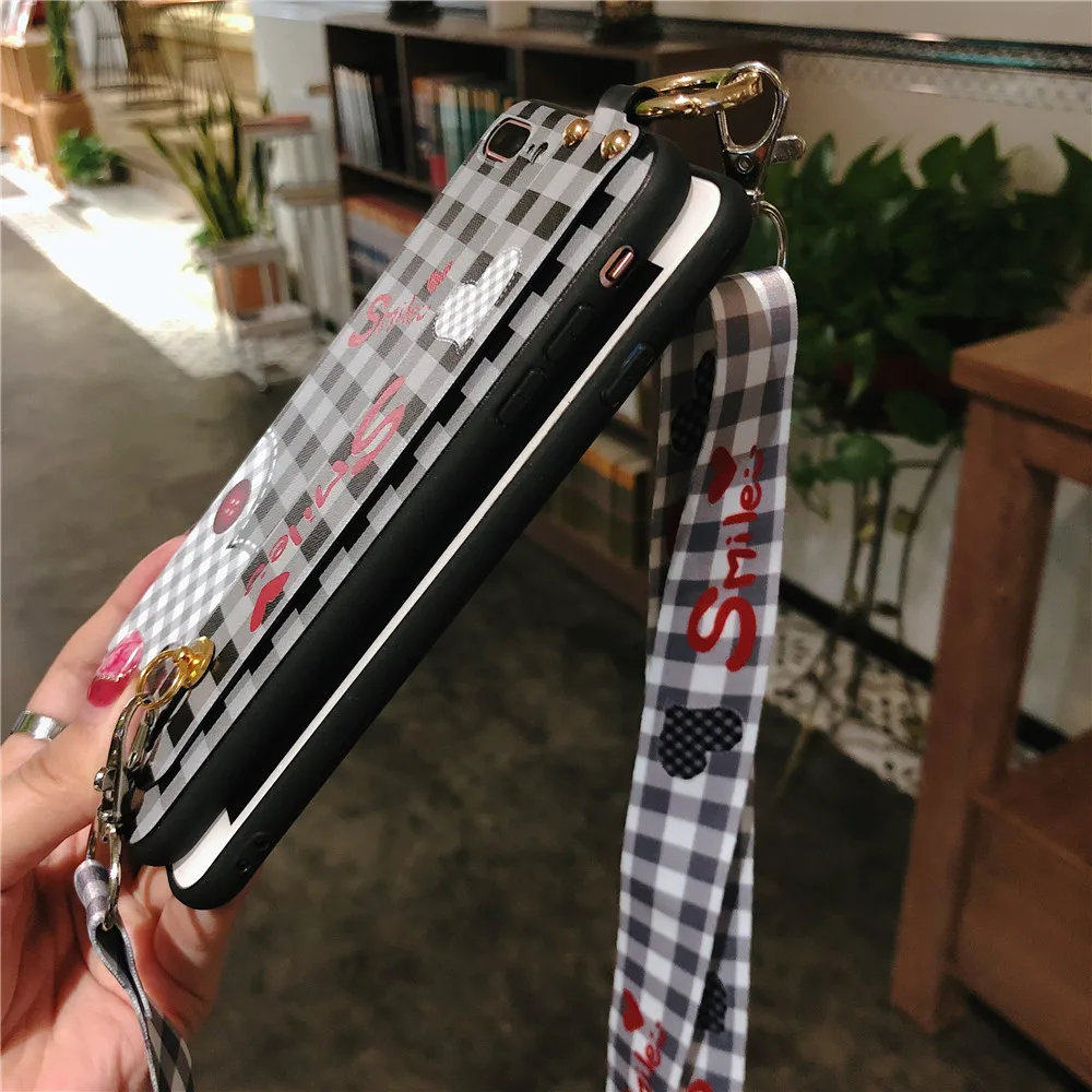 Wrist Strap Phone Case For iPhone X XR XS MAX Lattice Printing Love Silicone for iphone 7 6s 8plus Lanyard Neck Cover |