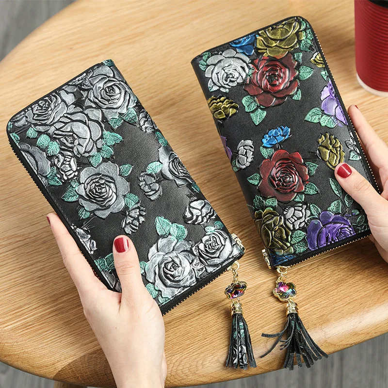 Женский кошелек из натуральной кожи модный длинный воловьей на молнии с розочкой
