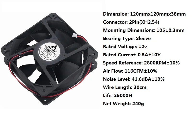 Gdstime 5 шт. 12 Вольт 120 мм x 38 мм 2Pin DC бесщеточный вентилятор охлаждения 12 В вытяжной вентиляции охладитель Двигателя вентилятор 120*120*38 мм 12038 s