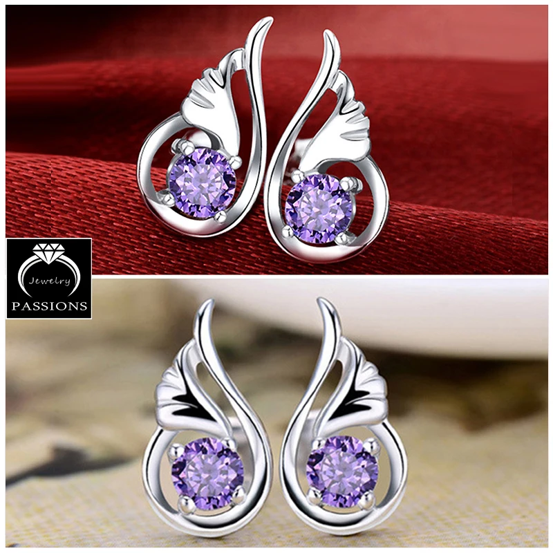 Fashion Elegant Angel Wing 925 Sterling Silver Stud Earrings Purple AAA Cubic Zirconia Earings For Women&ampGirl Jewelry Gift | Украшения и