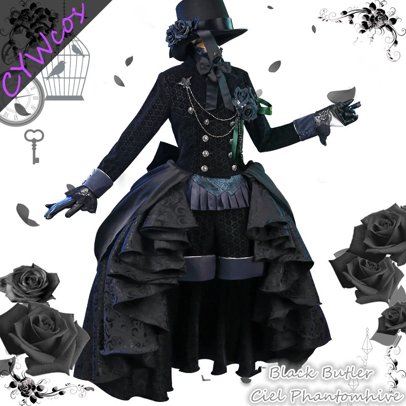Аниме Черный дворецкий Ciel Phantomhive комикс Косплей костюмы Черная роза платья Хэллоуин костюм женское платье шляпа+ перчатки+ шорты