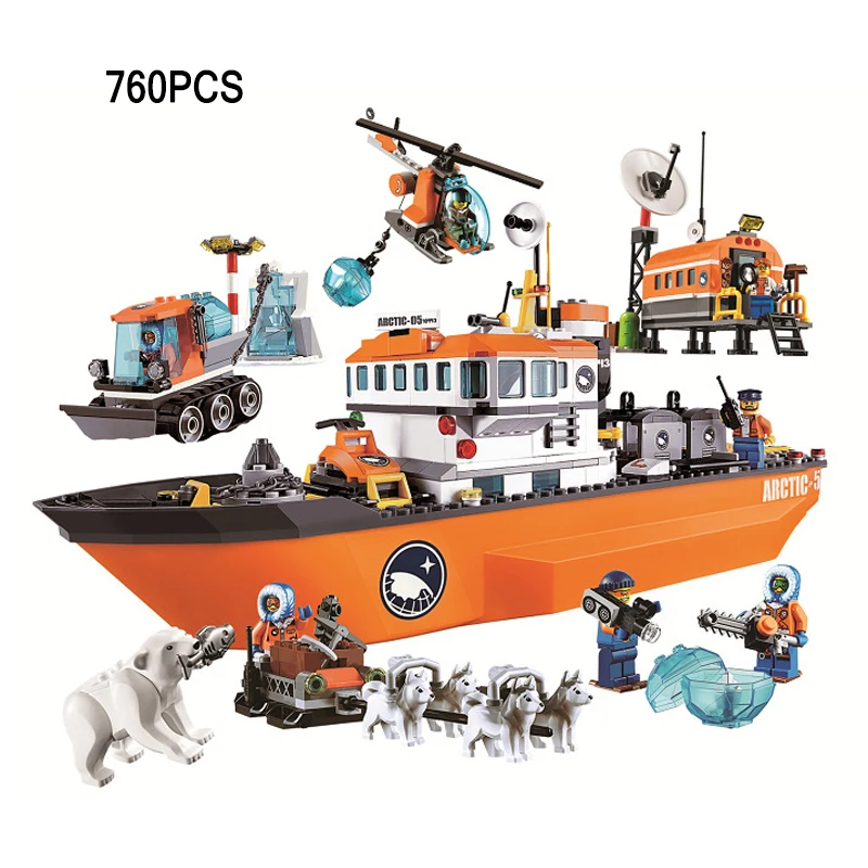 Compatible Legoing Urban City Arctic Icebreaker ARCTIC BASE CAMP Model helicopter ship sleigh scientists Building Blocks Kid Toy | Игрушки и