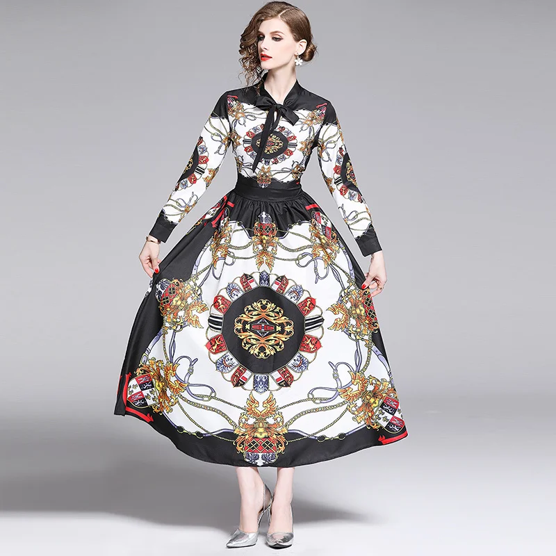 Винтаж печатных подиумные платья 2019 летние Для женщин с длинным рукавом