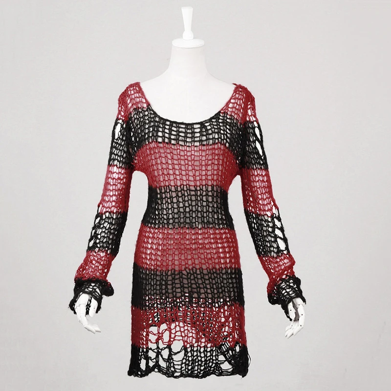 

Punk Broken Pullover Ladies Stylish Cape Sweater Steampunk Round Collar Casual Long Striped Sweater Tops