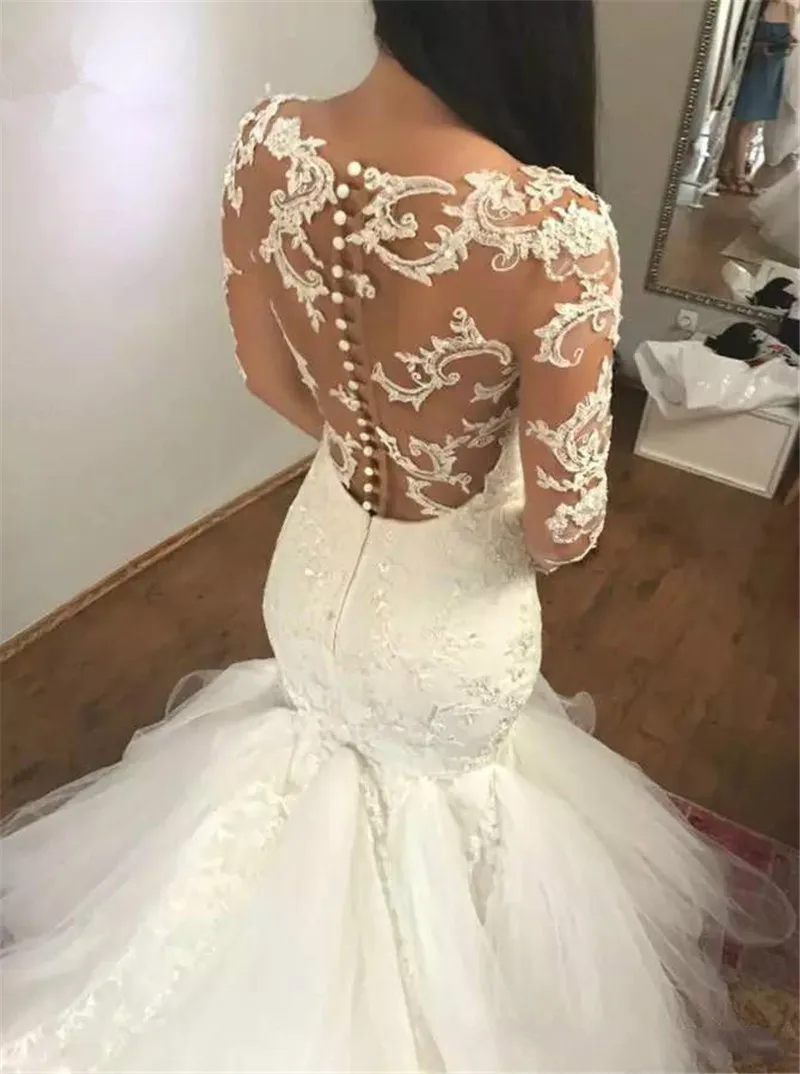 Vestidos Novias Boda 2019 Lace Wedding Dresses Mermaid Long Sleeves Appliques Saudi Arabic Gown Bridal trouwjurk | Свадьбы и