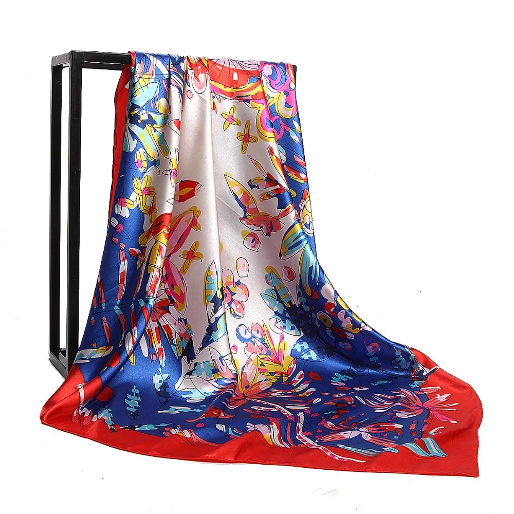 

Flower Printed Silk Scarf WomenFashion Spring Summer 90*90cm polyester Shawl Hijab New High Quality Satin Square Scarves