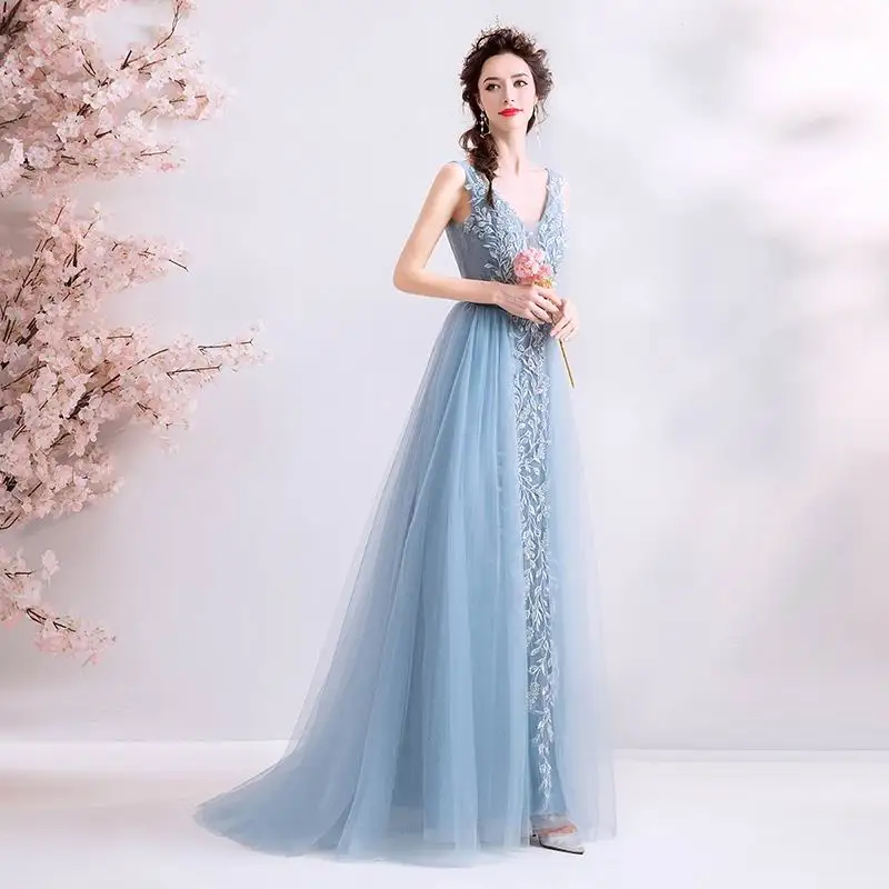 Ssyfashion Новинка, вечернее платье, для банкета элегантный серый синий кружевное платье с цветочным рисунком платье с v-образным вырезом без рукавов официальная Вечеринка платье Vestido De Festa