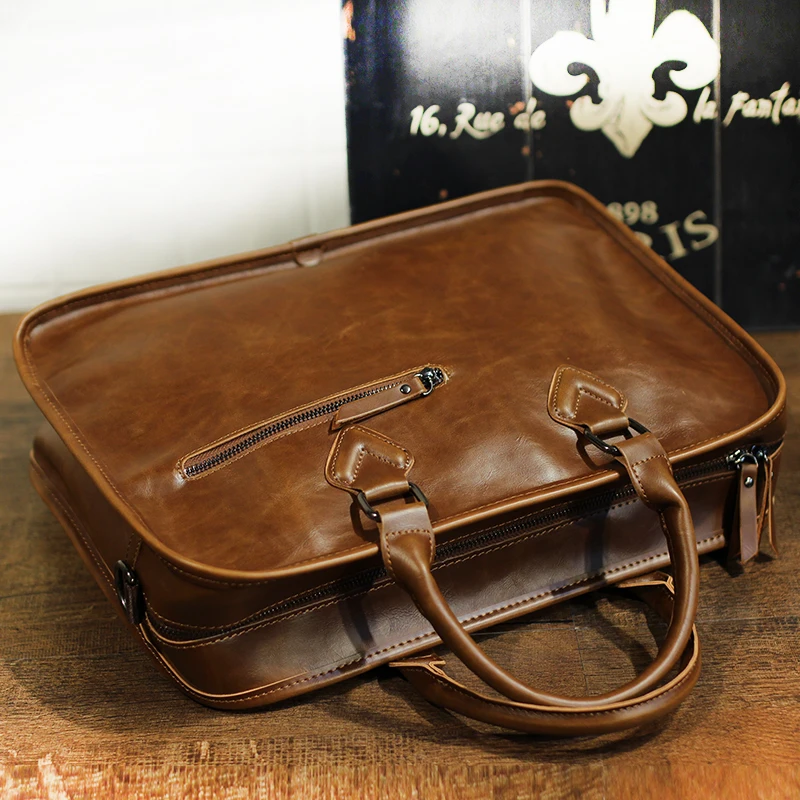 GUMST Crazy Horse PU Leather Men Briefcase Vintage 14 inch Big Business Laptop Handbag Fashion Brown Messenger Shoulder Bag Man