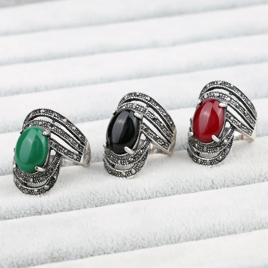 Vintage Black Crystal Opals Rings Women Retro silver color jewelry Ring punk Bijoux anel masculino bague femme Bulgaria rings | Украшения и