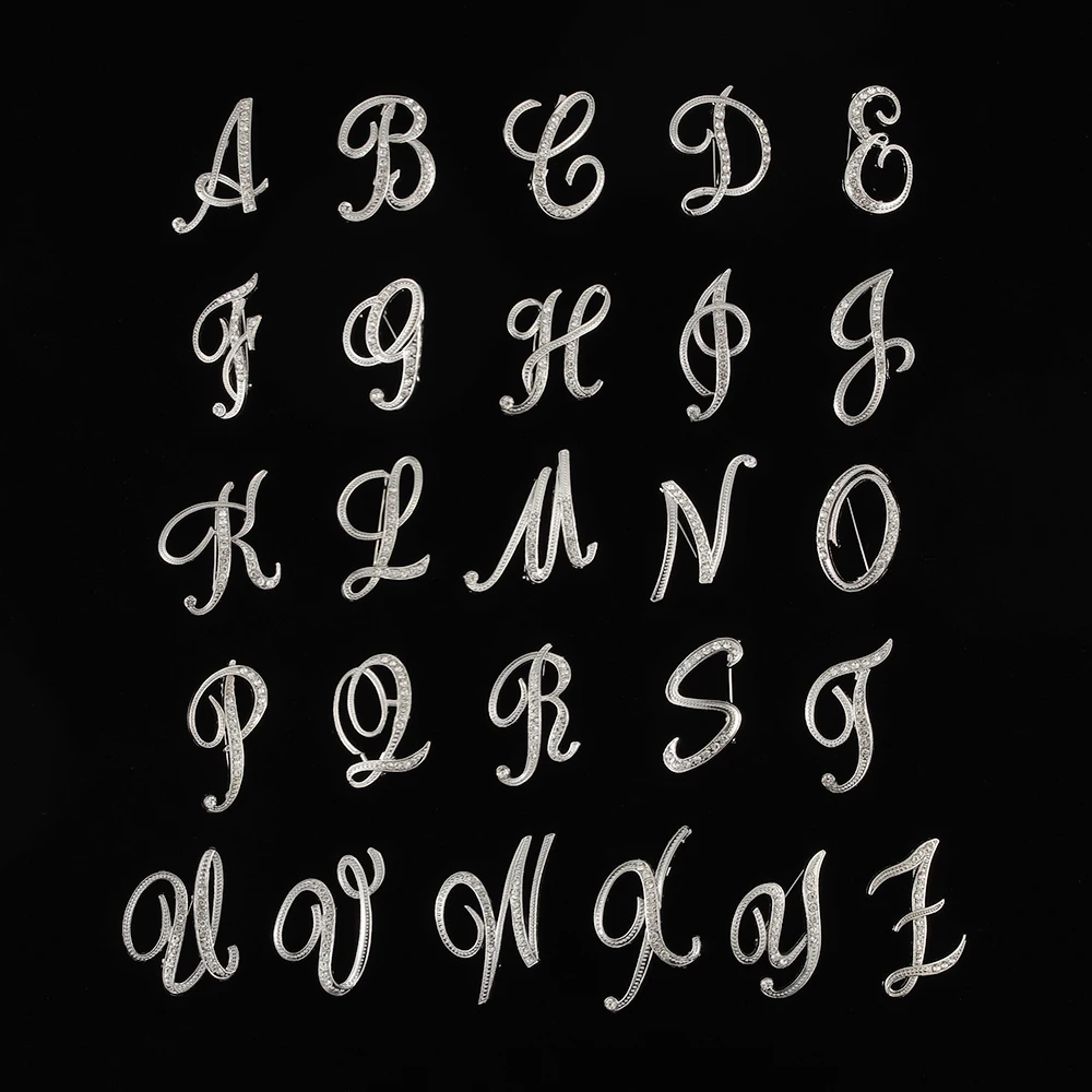 

New Arrival Fashion Creative Unisex Crystal English 26 Letters Design Brooches Pins Rhinestone Alphabetical Letter Brooch Gifts