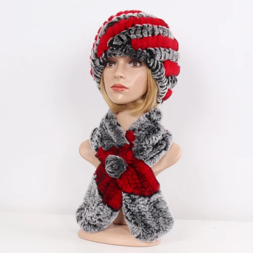 grey and red Новые Вязаные натуральный мех шапки наборы шарфов женские зимние теплые Настоящий мех кролика шапки шарф Горячая леди натуральный мех шапка шарф - Цвет: grey and red