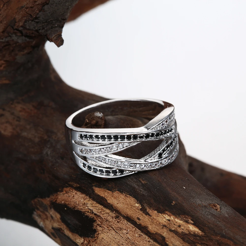 Роскошные кольца с белым и черным Цирконом новые женские ювелирные изделия