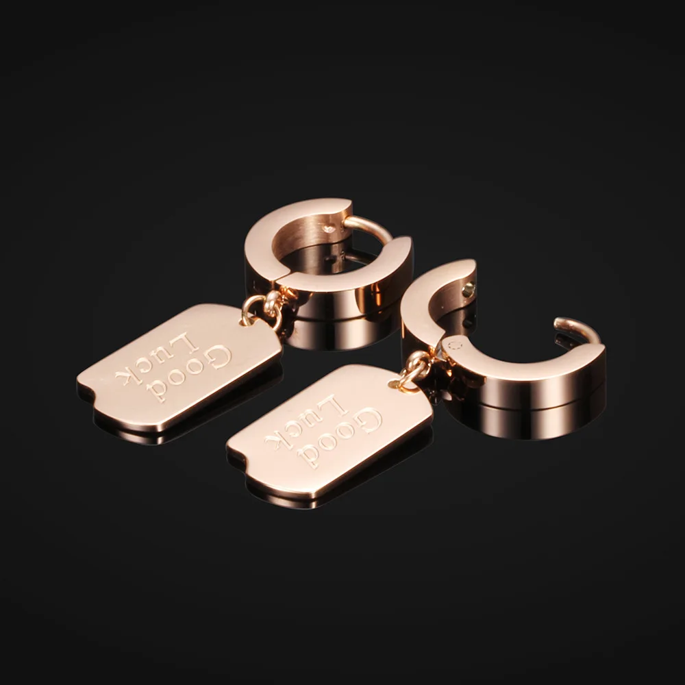 

New Luxury Women Rose Gold Titanium Steel Drop Earrings Rectangular Good Lucky Letter Female Dangle Earring Fashion Jewelry