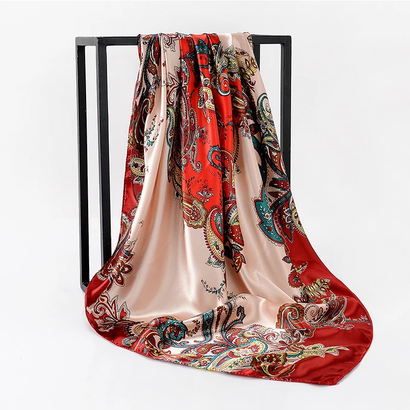 

Luxury Brand Silk Scarf Square Women Paisley Headscarf Foulard Satin Hijab Shawls and Wraps Bandana Kerchief Scarves Stoles 2019