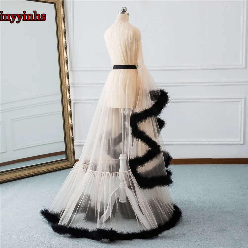 Элегантное vestido de festa длинное вечернее платье v-образный вырез перо длинный рукав Тюль размера плюс вечерние платья для выпускного вечера Robe De Soiree