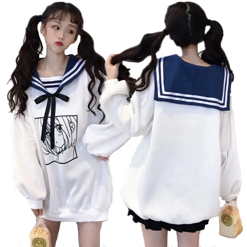black Kawaii/милые зимние толстовки с капюшоном для девочек; толстовка с матросским воротником; мягкая толстовка с длинными рукавами; милые длинные свободные топы - Цвет: black