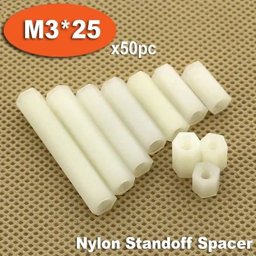 

50pcs M3 x 25mm White Plastic Nylon Hexagon Hex Female Thread Nuts Standoff Spacer Pillars