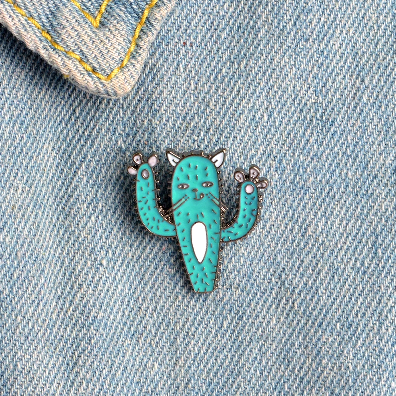 Зеленая брошь в виде кактуса кота лица капли из сплава мультяшное растение милая