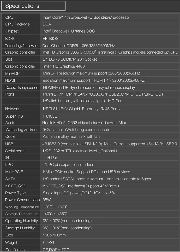 10*10 см мини-ПК baord с 4-м i3/i5/i7-4200U 2* ram слот 1* LAN 1* HD 1* DP 4* USB3.0 1* USB2.0 1* NGFF 1* Поддержка M-PCIE wi-Fi