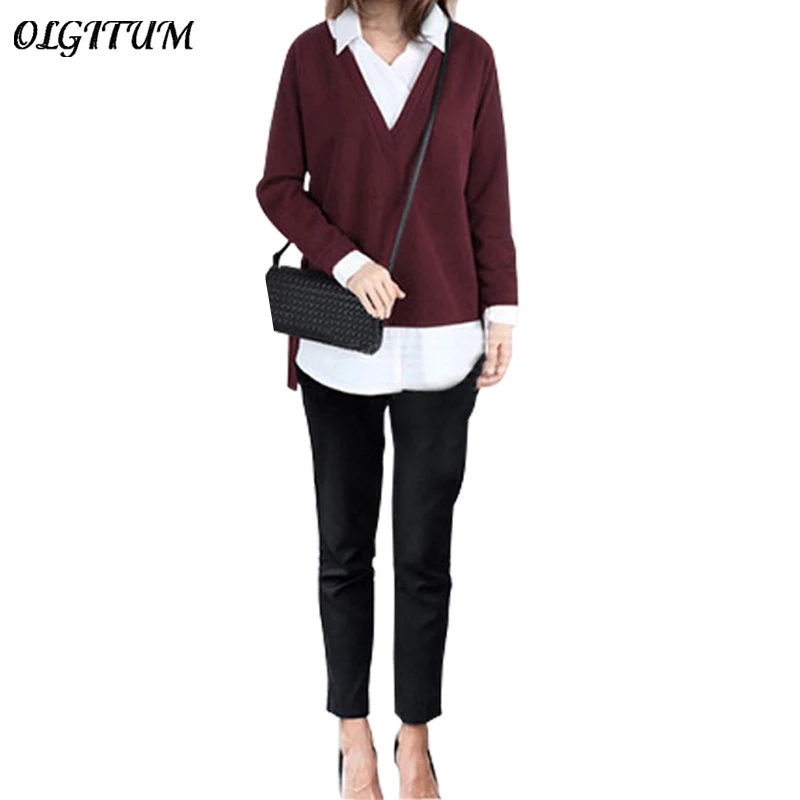 Новинка 2019 женские топы рубашка с имитацией двух частей свитер отложным